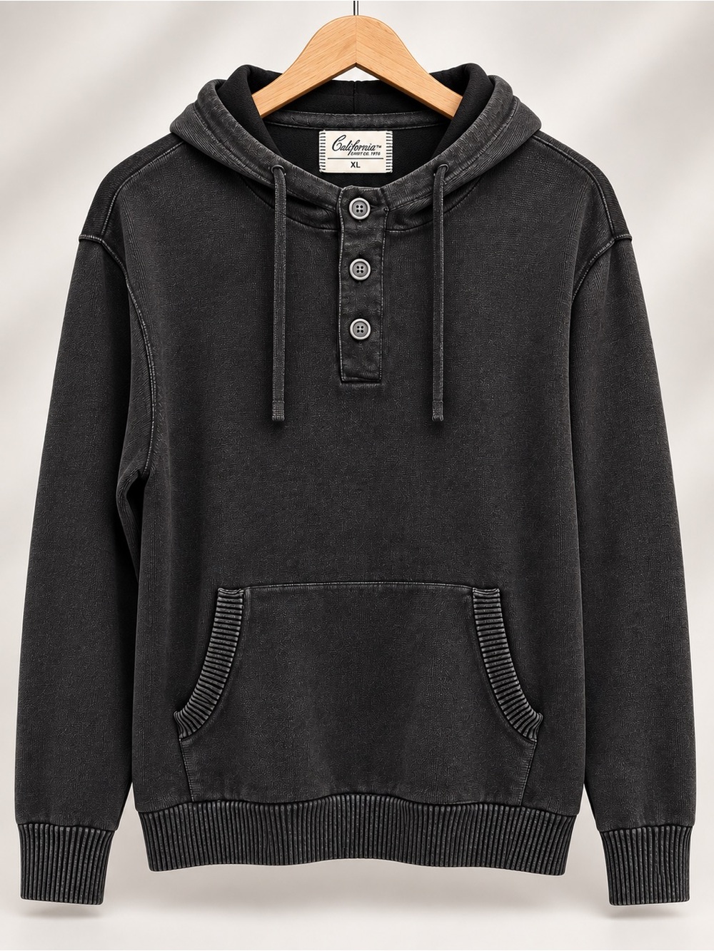 California Shirt Co. Black Wash Hooded Henley Sweatshirt (380)